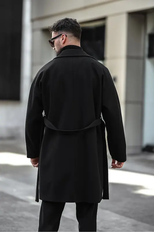 Erkek Siyah Kemerli Oversize Rahat Kesim Kaşe Kaban - siyah - 8