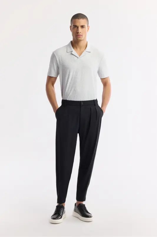 Erkek Siyah Klasik Bel Kırışmaz Teknik Baggy Fit Kumaş Pantolon A51Y3021 - Siyah - 1
