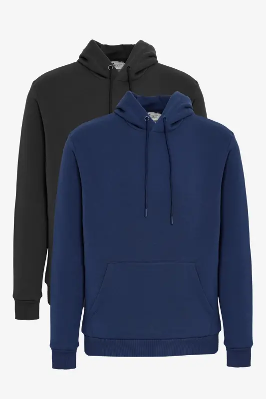 Erkek Siyah-Lacivert 2'li Paket Pamuklu İçi Polarlı Sweatshirt Kapüşonlu Kanguru Cepli Standart Fit - SIYAH-LACI - 1