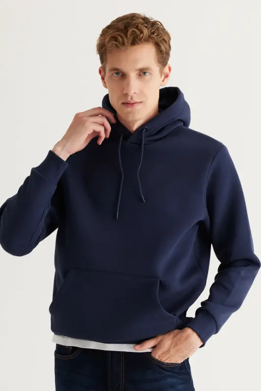 Erkek Siyah-Lacivert 2'li Paket Pamuklu İçi Polarlı Sweatshirt Kapüşonlu Kanguru Cepli Standart Fit - SIYAH-LACI - 3