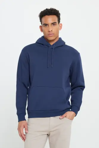 Erkek Siyah-Lacivert 2'li Paket Pamuklu İçi Polarlı Sweatshirt Kapüşonlu Kanguru Cepli Standart Fit - SIYAH-LACI - 5