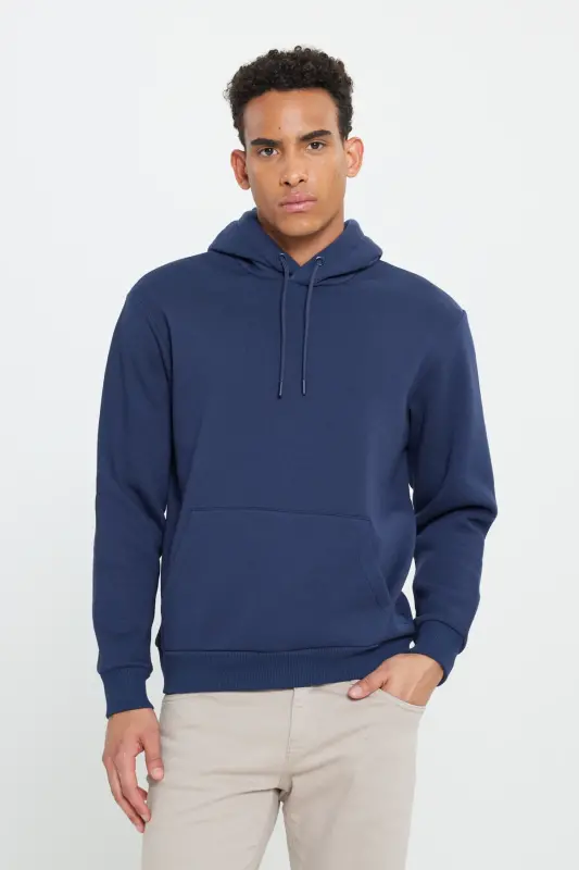 Erkek Siyah-Lacivert 2'li Paket Pamuklu İçi Polarlı Sweatshirt Kapüşonlu Kanguru Cepli Standart Fit - SIYAH-LACI - 5