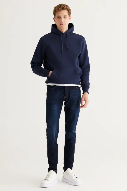 Erkek Siyah-Lacivert 2'li Paket Pamuklu İçi Polarlı Sweatshirt Kapüşonlu Kanguru Cepli Standart Fit - SIYAH-LACI - 7