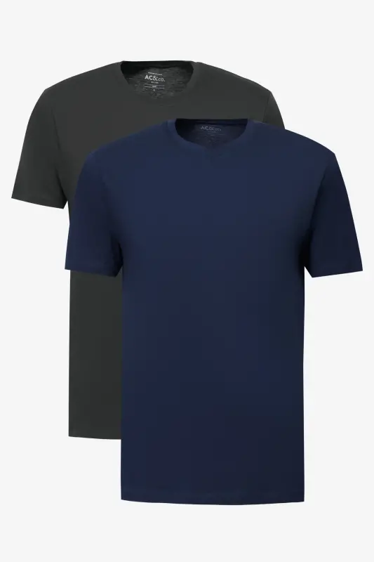 Erkek SIYAH-LACIVERT 2'li Paket Slim Fit Dar Kesim Pamuklu Basic Tişört-SIYAH - 9