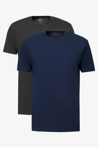 Erkek SIYAH-LACIVERT 2'li Paket Slim Fit Dar Kesim Pamuklu Basic Tişört-SIYAH 