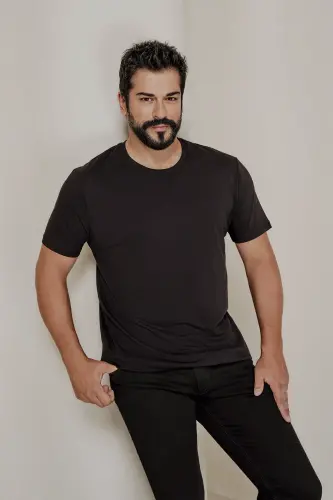 Erkek SIYAH-LACIVERT 2'li Paket Slim Fit Dar Kesim Pamuklu Basic Tişört-SIYAH - 2