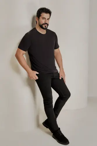 Erkek SIYAH-LACIVERT 2'li Paket Slim Fit Dar Kesim Pamuklu Basic Tişört-SIYAH - 4