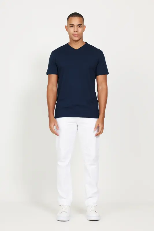 Erkek SIYAH-LACIVERT 2'li Paket Slim Fit Dar Kesim Pamuklu Basic Tişört-SIYAH - 5