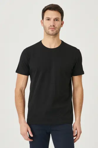 Erkek SIYAH-LACIVERT 2'li Paket Slim Fit Dar Kesim Pamuklu Basic Tişört-SIYAH - 6