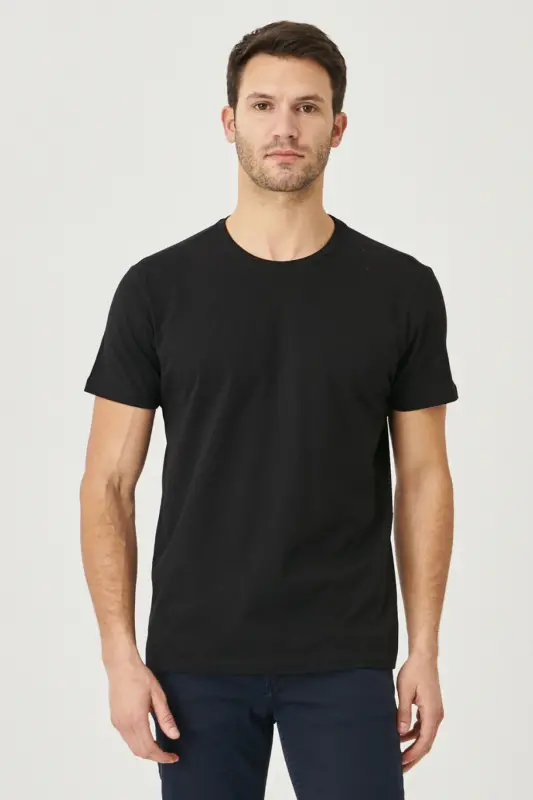 Erkek SIYAH-LACIVERT 2'li Paket Slim Fit Dar Kesim Pamuklu Basic Tişört-SIYAH - 6