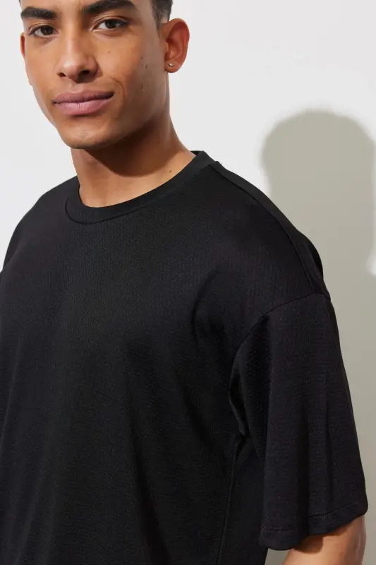 Erkek Siyah Loose Fit Bisiklet Yaka Yumuşak Dokulu Spor Tişört-Siyah - 3