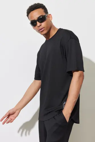 Erkek Siyah Loose Fit Bisiklet Yaka Yumuşak Dokulu Spor Tişört-Siyah - 5