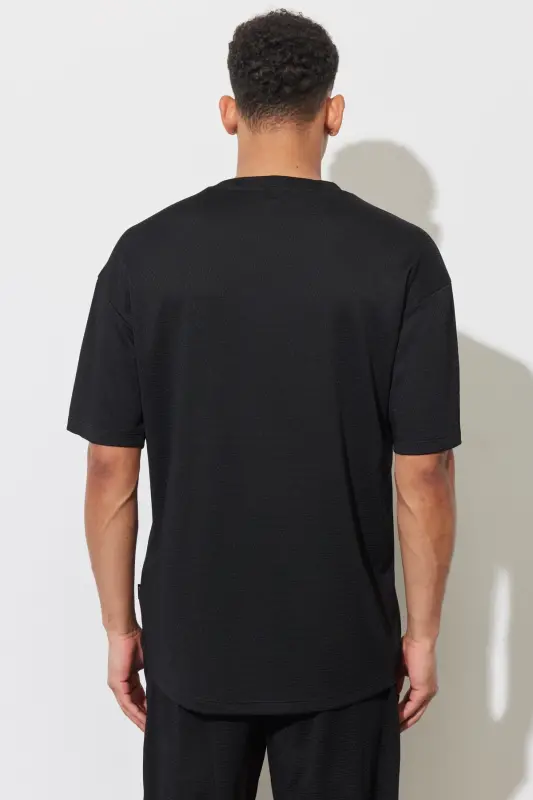 Erkek Siyah Loose Fit Bisiklet Yaka Yumuşak Dokulu Spor Tişört-Siyah - 8