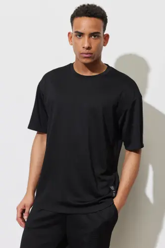 Erkek Siyah Loose Fit Bisiklet Yaka Yumuşak Dokulu Spor Tişört-Siyah - 1