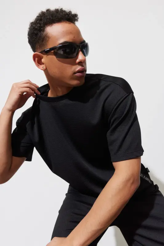 Erkek Siyah Loose Fit Bisiklet Yaka Yumuşak Dokulu Spor Tişört-Siyah - 6