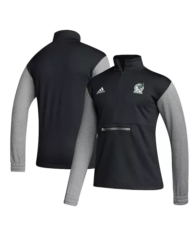 Men's Black Mexico National Team Crest Long Sleeve Half-Zip Top-Black, Gray - ADIDAS