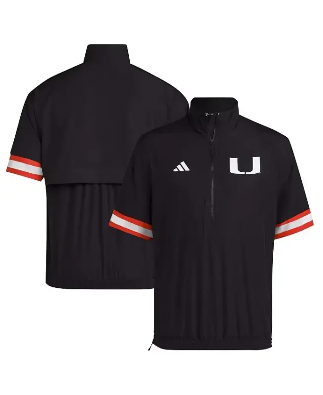 Men's Black Miami Hurricanes Strategy Short Sleeve Half-Zip Jacket - Black - ADIDAS