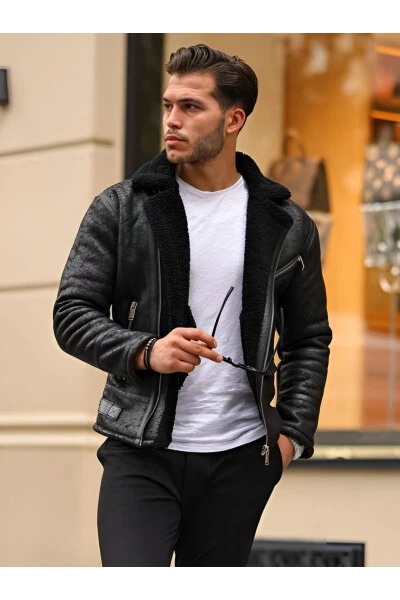 Erkek Siyah Napa Deri Çapraz Model Mont-Siyah - Modazone (1)