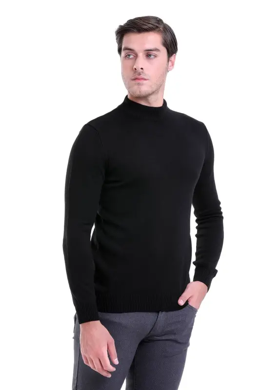 Erkek Siyah Regular Fit Düz Yarım Balıkçı Yaka Triko Kazak - Siyah - 1