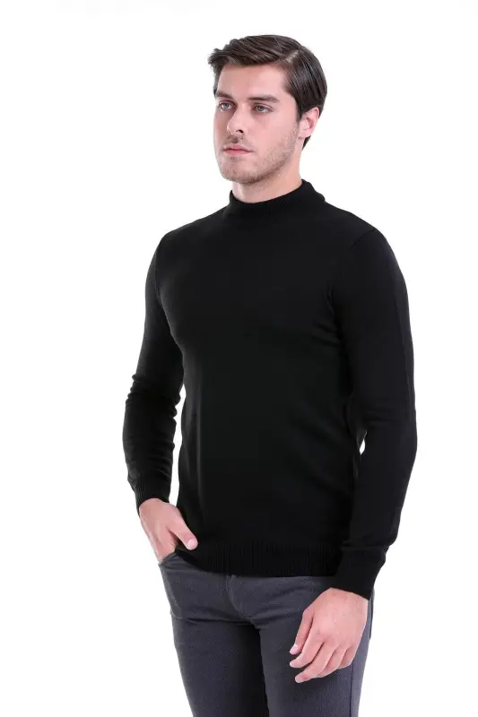 Erkek Siyah Regular Fit Düz Yarım Balıkçı Yaka Triko Kazak - Siyah - 2