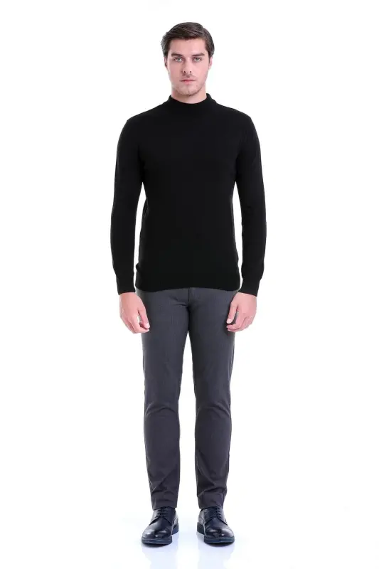 Erkek Siyah Regular Fit Düz Yarım Balıkçı Yaka Triko Kazak - Siyah - 3