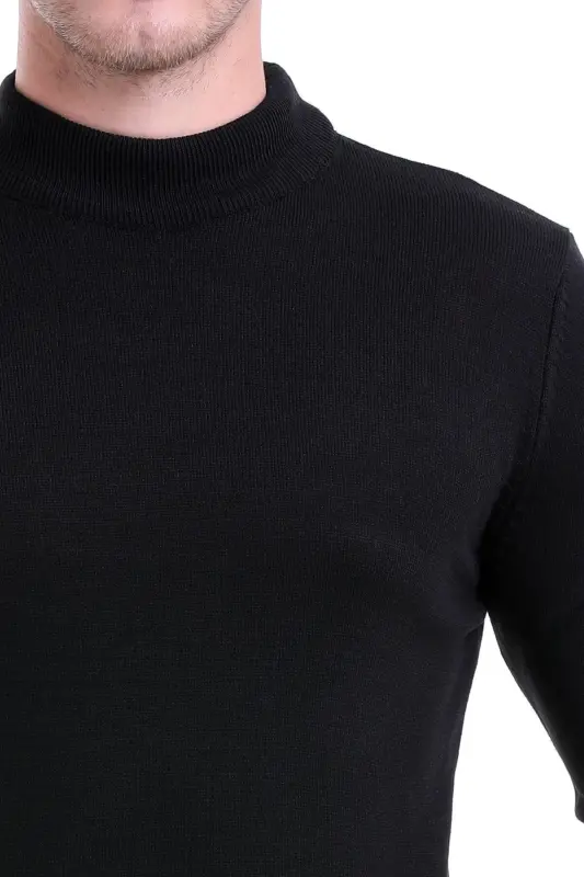 Erkek Siyah Regular Fit Düz Yarım Balıkçı Yaka Triko Kazak - Siyah - 4