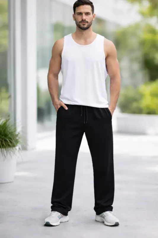 Erkek Siyah Oversize Baggy Eşofman Altı Düz Paça Rahat Kalıp 20/150 Kumaş - Siyah-46 - 1