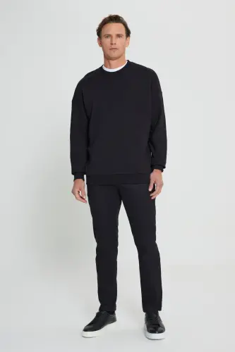 Erkek Siyah Oversize Bol Kesim 3 Iplik Bisiklet Yaka Pamuklu Sweatshirt - Siyah - 3