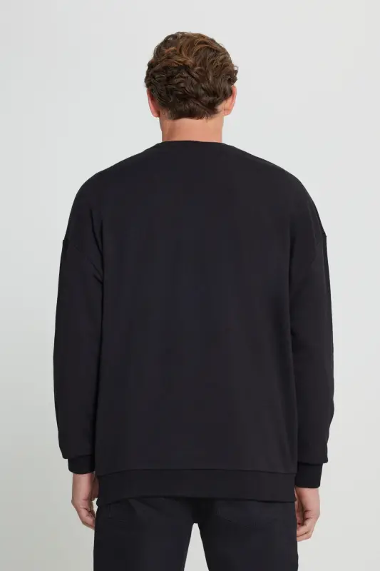 Erkek Siyah Oversize Bol Kesim 3 Iplik Bisiklet Yaka Pamuklu Sweatshirt - Siyah - 6