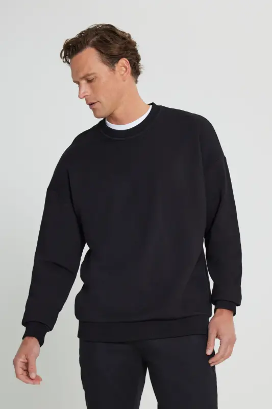Erkek Siyah Oversize Bol Kesim 3 Iplik Bisiklet Yaka Pamuklu Sweatshirt - Siyah - 1