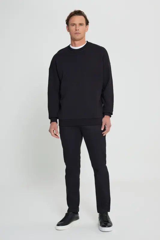 Erkek Siyah Oversize Bol Kesim 3 Iplik Bisiklet Yaka Pamuklu Sweatshirt - Siyah - 3