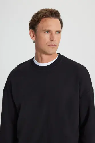 Erkek Siyah Oversize Bol Kesim 3 Iplik Bisiklet Yaka Pamuklu Sweatshirt - Siyah - 5