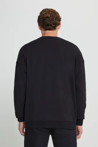 Erkek Siyah Oversize Bol Kesim 3 Iplik Bisiklet Yaka Pamuklu Sweatshirt - Siyah - 6