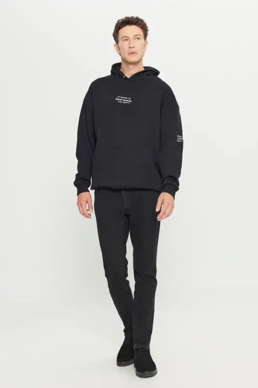 Erkek Siyah Oversize Fit Bol Kesim Kapüşonlu Içi Polarlı 3 Iplik Pamuklu Sweatshirt - Siyah - 1