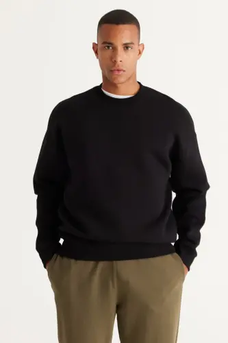Erkek Siyah Oversize Fit Bol Kesim Pamuklu Içi Polarlı 3 Iplik Bisiklet Yaka Sweatshirt - Siyah - 1