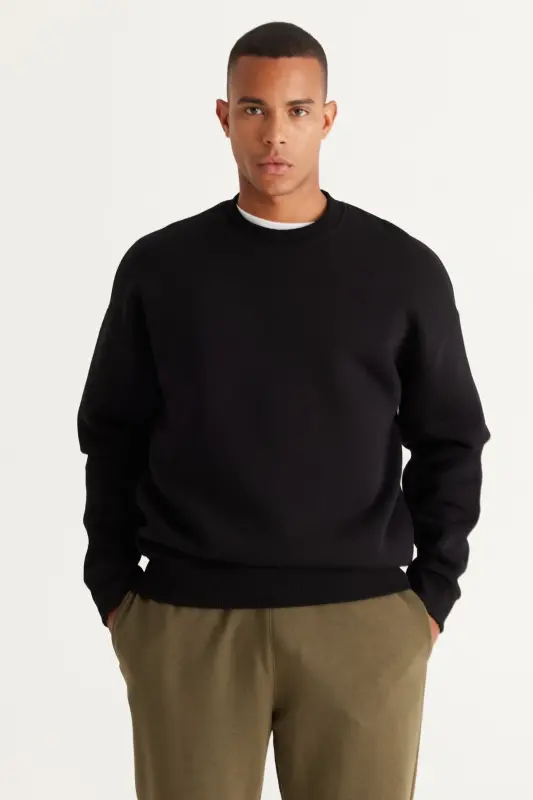 Erkek Siyah Oversize Fit Bol Kesim Pamuklu Içi Polarlı 3 Iplik Bisiklet Yaka Sweatshirt - Siyah - 1