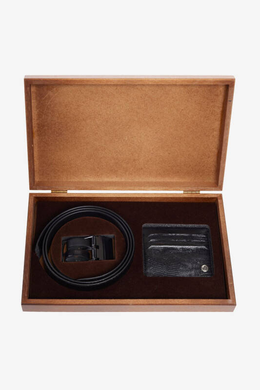 Erkek Siyah Özel Ahşap Hediye Kutulu Kemer - Kartlık Aksesuar Set Damat Bohçası-Siyah - 1