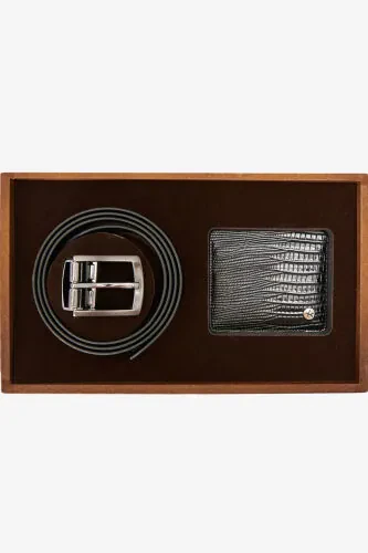 Erkek Siyah Özel Ahşap Hediye Kutulu Kemer - Kartlık Aksesuar Set Damat Bohçası-Siyah - ALTINYILDIZ CLASSICS (1)