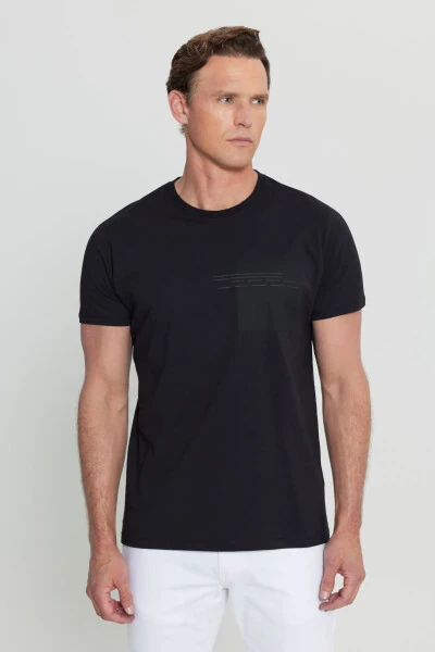 Erkek Siyah Pamuklu Slim Fit Dar Kesim Baskılı Bisiklet Yaka Esnek Tişört - ALTINYILDIZ CLASSICS