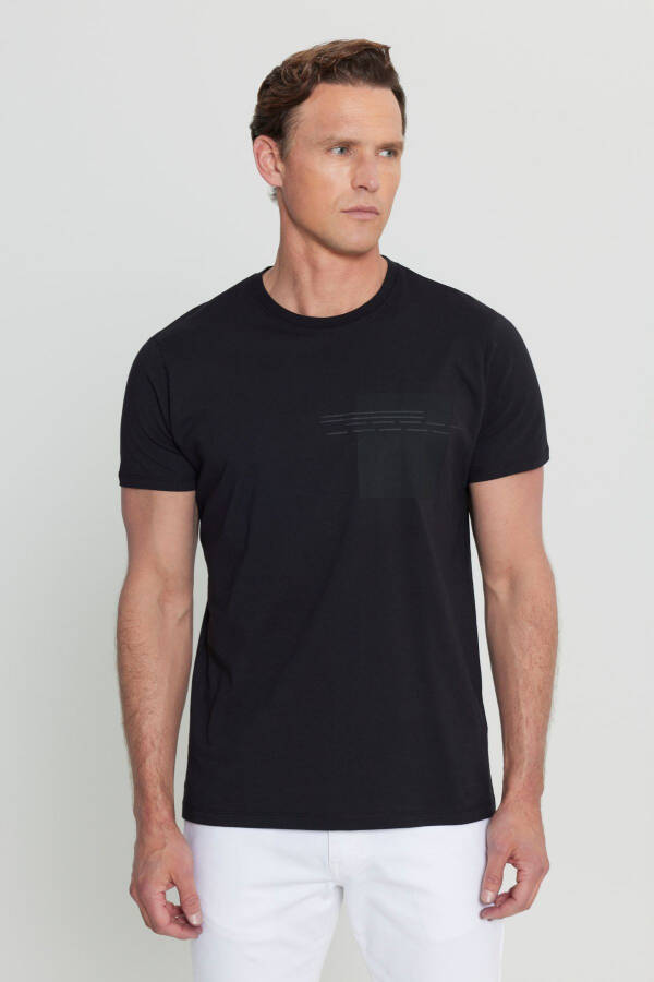 Erkek Siyah Pamuklu Slim Fit Dar Kesim Baskılı Bisiklet Yaka Esnek Tişört - Siyah - 1