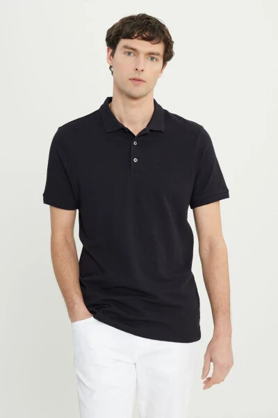 Erkek Siyah Pamuklu Slim Fit Dar Kesim Polo Yaka Jakarlı Esnek Tişört-Siyah - ALTINYILDIZ CLASSICS