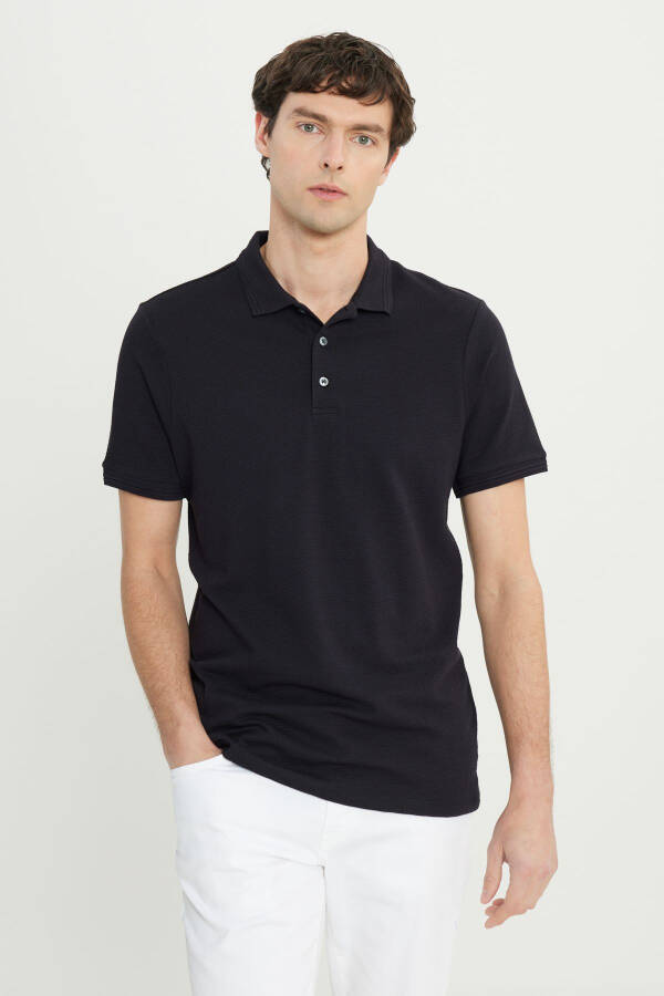 Erkek Siyah Pamuklu Slim Fit Dar Kesim Polo Yaka Jakarlı Esnek Tişört - Siyah - 1