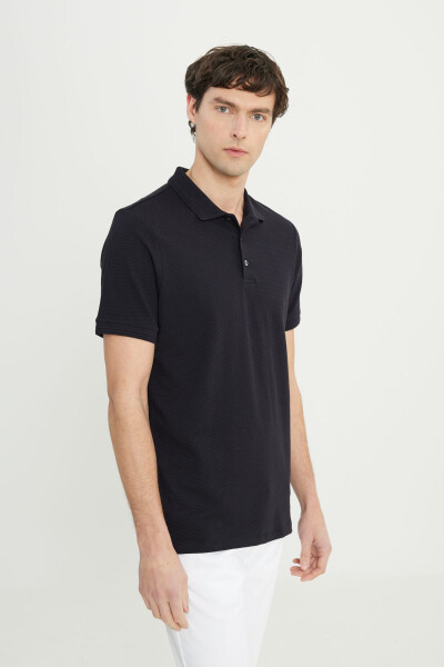 Erkek Siyah Pamuklu Slim Fit Dar Kesim Polo Yaka Jakarlı Esnek Tişört - Siyah - 3
