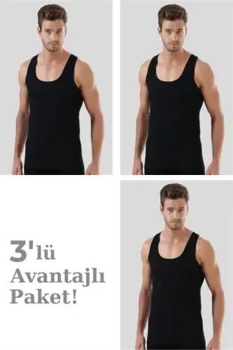 Erkek Siyah Penye Atlet %100 Pamuk 3'lü Paket - 1