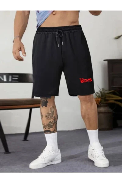 Erkek Siyah Penye Şort Slim Fit Basketbol Futbol Fitness Spor Egzersizi Koşu Bermuda Baskılı - Relax family xf