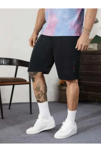 Erkek Siyah Penye Şort Slim Fit Basketbol Futbol Fitness Spor Egzersizi Koşu Bermuda Baskılı - Relax family xf (1)