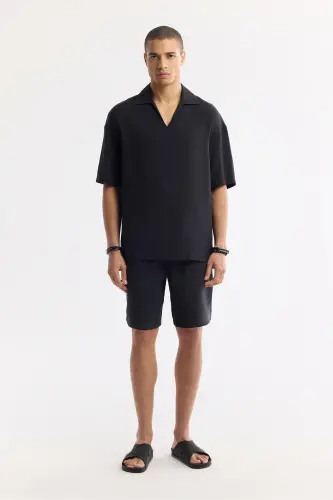 Erkek Siyah Polo Yaka Soft Touch Kısa Kol Comfort Fit Gömlek A51Y2140 - Siyah - 5