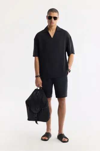 Erkek Siyah Polo Yaka Soft Touch Kısa Kol Comfort Fit Gömlek A51Y2140 - Siyah - 7