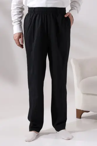 Erkek Siyah Rahat Kesim Beli Lastikli Keten Hac ve Umre Şalvar Pantolon-Siyah - 2