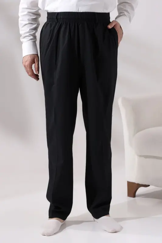 Erkek Siyah Rahat Kesim Beli Lastikli Keten Hac ve Umre Şalvar Pantolon-Siyah - 2